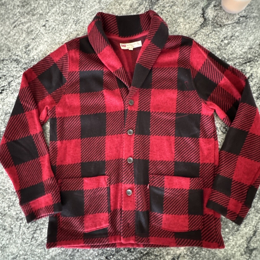 Levi's Buffalo Plaid Cardigan Mens L Red Black Excellent Shawl Collar Knit #927
